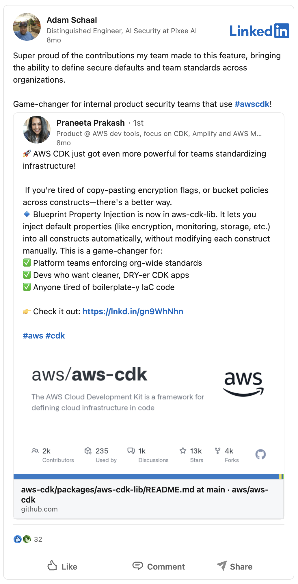 LinkedIn post about CDK Blueprint Property Injection