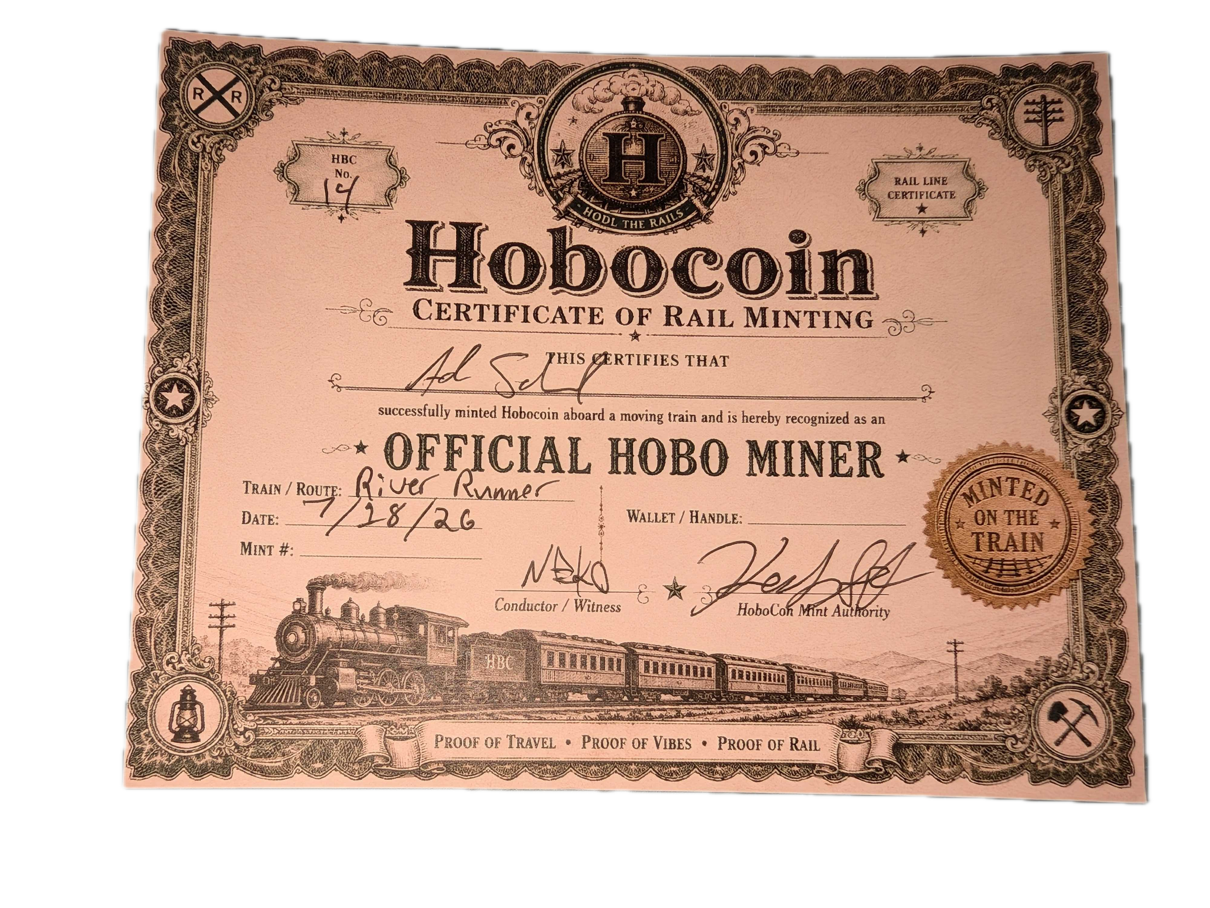 Official Hobocoin Certificate of Rail Minting: proof of travel, proof of vibes, proof of rail