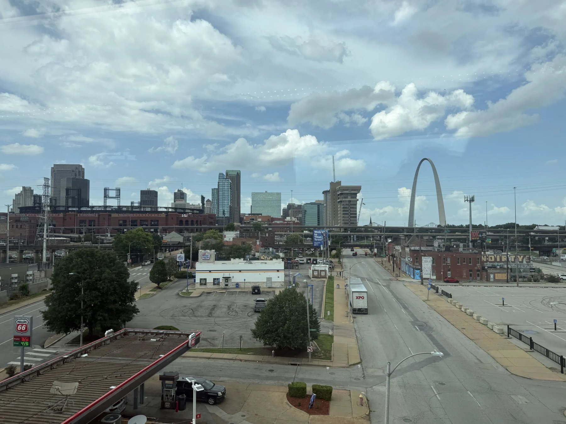 The Gateway Arch and downtown St. Louis seen through the train window
